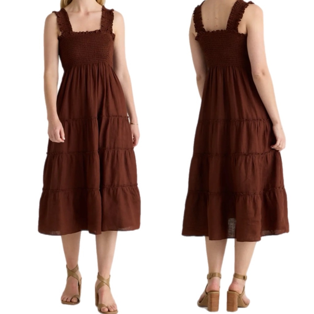 Quince Brown Smocked Tiered Midi Dress